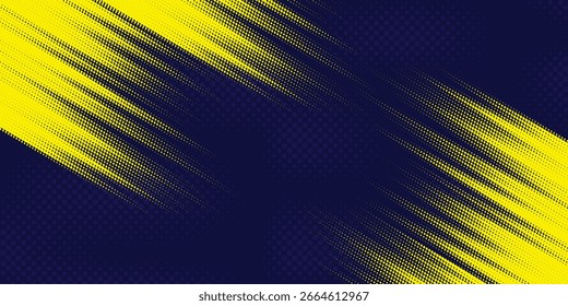 Gelber Halbton auf blauem Hintergrund. Vektor Halbton Glanz Muster Retro Pop Art Hintergrund
