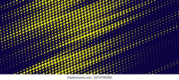 Medio tono amarillo sobre fondo azul. Vector punteado destellos o semitono brillo patrón textura Pop estilo de arte de fondo.