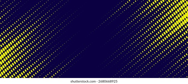 Medio tono amarillo sobre fondo azul. Vector punteado destellos o semitono brillo patrón textura Pop estilo de arte de fondo.
