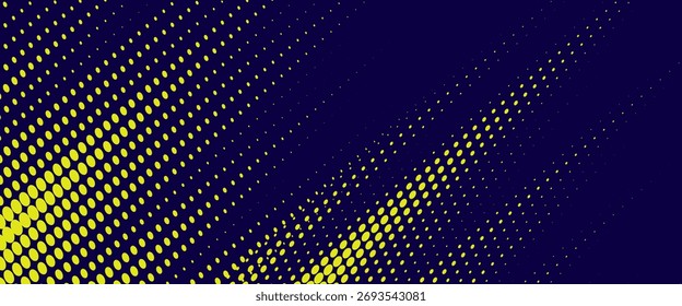 Medio tono amarillo sobre fondo azul. Vector punteado destellos o semitono brillo patrón textura Pop estilo de arte de fondo.	