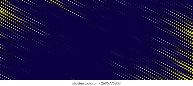Medio tono amarillo sobre fondo azul. Vector punteado destellos o semitono brillo patrón textura Pop estilo de arte de fondo.