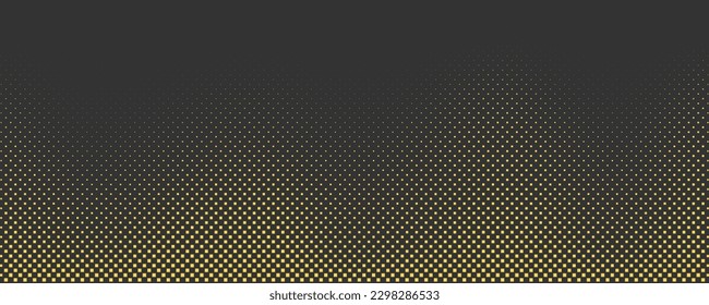 Medio tono amarillo sobre fondo oscuro. Fondo de degradado de comic retro. Textura de dibujos animados de puntos cuadrados pixilados. Patrón de degradado de arte pop atenuado. Ilustración vectorial.