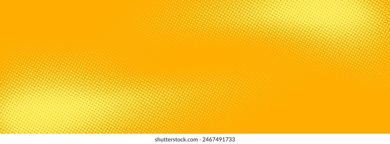 Yellow halftone pattern. Retro comic gradient background. Bright orange pixelated dotted texture overlay. Cartoon pop art faded gradient pattern. Vector backdrop for poster, banner, advertisement