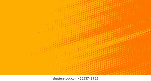 Yellow halftone pattern. Retro comic gradient background. Bright orange pixelated dotted texture overlay. Cartoon pop art faded gradient pattern.