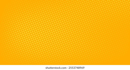 Yellow halftone pattern. Retro comic gradient background. Bright orange pixelated dotted texture overlay. Cartoon pop art faded gradient pattern.