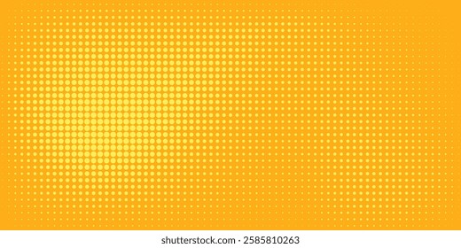 Yellow halftone pattern. Retro comic gradient background. Bright orange pixelated dotted texture overlay. Cartoon pop art faded gradient pattern.