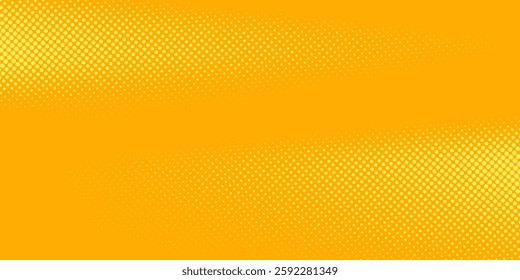 Yellow halftone pattern. Retro comic gradient background. Bright orange pixelated dotted texture overlay modern art