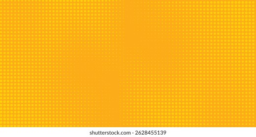 Yellow halftone pattern. Retro comic gradient background. Bright orange pixelated dotted texture overlay. Cartoon pop art faded gradient pattern. arts modern