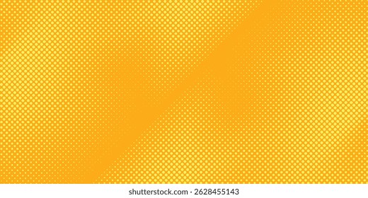 Yellow halftone pattern. Retro comic gradient background. Bright orange pixelated dotted texture overlay. Cartoon pop art faded gradient pattern. arts modern