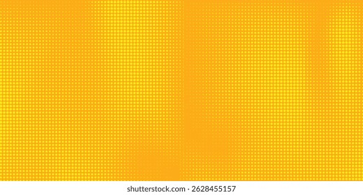 Yellow halftone pattern. Retro comic gradient background. Bright orange pixelated dotted texture overlay. Cartoon pop art faded gradient pattern. arts modern