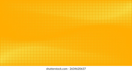 Yellow halftone pattern. Retro comic gradient background. Bright orange pixelated dotted texture overlay. Cartoon pop art faded gradient pattern. Vector backdrop for poster, banner, advertisement