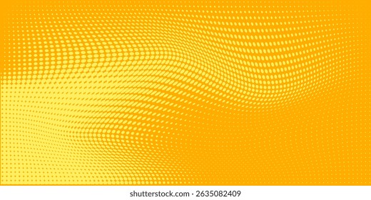 Yellow halftone pattern. Retro comic gradient background. Bright orange pixelated dotted texture overlay. Cartoon pop art faded gradient pattern. Vector backdrop for poster, banner, advertisement