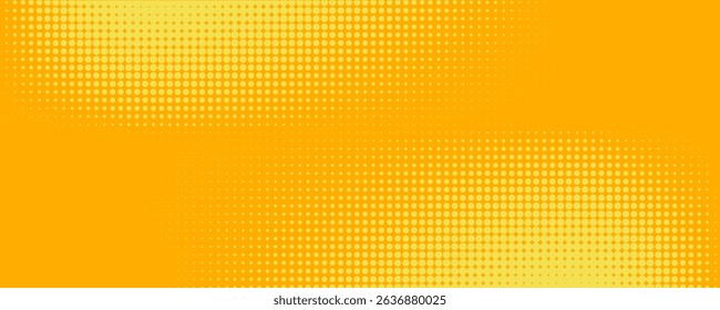 Yellow halftone pattern. Retro comic gradient background. Bright orange pixelated dotted texture overlay. Cartoon pop art faded gradient pattern. Vector backdrop for poster, banner, advertisement