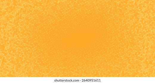 Yellow halftone pattern. Retro comic gradient background. Bright orange pixelated dotted texture overlay modern arts dotted