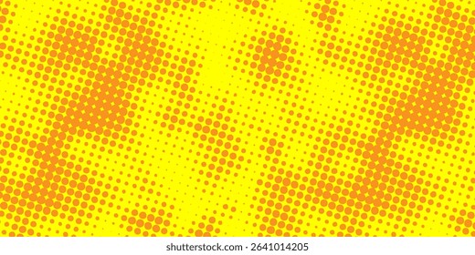 Yellow halftone pattern. Retro comic gradient background. Bright orange pixelated dotted texture overlay. Cartoon pop art faded gradient pattern. Vector backdrop for poster, banner, advertisement