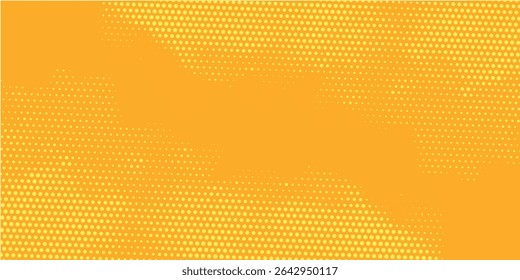 Yellow halftone pattern. Retro comic gradient background. Bright orange pixelated dotted texture overlay. modern art