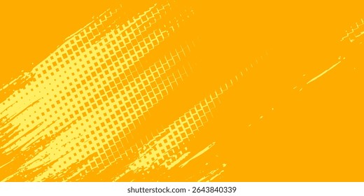 Yellow halftone pattern. Retro comic gradient background. Bright orange pixelated dotted texture overlay. Cartoon pop art faded gradient pattern. Vector backdrop for poster, banner, advertisement