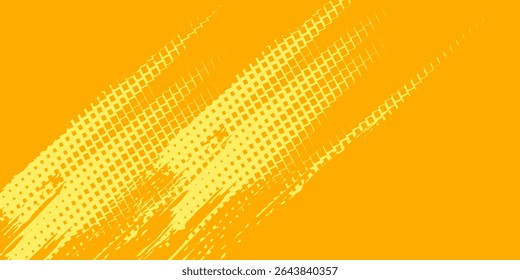 Yellow halftone pattern. Retro comic gradient background. Bright orange pixelated dotted texture overlay. Cartoon pop art faded gradient pattern. Vector backdrop for poster, banner, advertisement