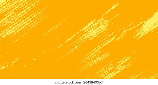 Yellow halftone pattern. Retro comic gradient background. Bright orange pixelated dotted texture overlay. Cartoon pop art faded gradient pattern. Vector backdrop for poster, banner, advertisement