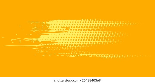 Yellow halftone pattern. Retro comic gradient background. Bright orange pixelated dotted texture overlay. Cartoon pop art faded gradient pattern. Vector backdrop for poster, banner, advertisement