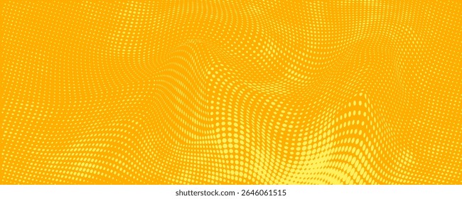 Yellow halftone pattern. Retro comic gradient background. Bright orange pixelated dotted texture overlay. Cartoon pop art faded gradient pattern. Vector backdrop for poster, banner, advertisement