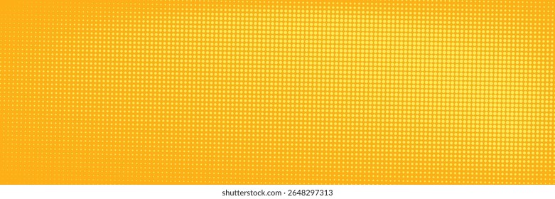 Padrão de meio-tom amarelo. Fundo de gradiente de quadrinhos retrô. Sobreposição de textura pontilhada em pixels laranja brilhante. Desenho animado pop art desbotado padrão de gradiente. Tela de fundo vetorial para cartaz, faixa, anúncio