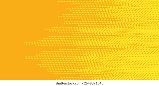 Yellow halftone pattern. Retro comic gradient background. Bright orange pixelated dotted texture overlay. Cartoon pop art faded gradient pattern. Vector arts