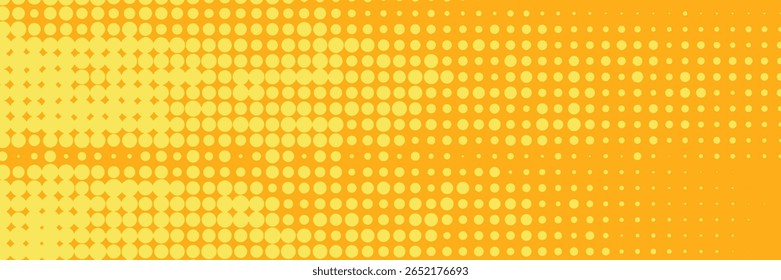 Yellow halftone pattern. Retro comic gradient background. Bright orange pixelated dotted texture overlay. Cartoon pop art faded gradient pattern. Vector backdrop for poster, banner,Vector