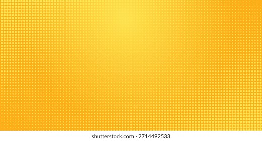 Patrón de semitono amarillo. Fondo de degradado de cómic retro. Superposición de textura punteada pixelada de color naranja brillante. Dibujos animados pop art degradado patrón. Fondo de Vector para cartel, Anuncio, anuncio
