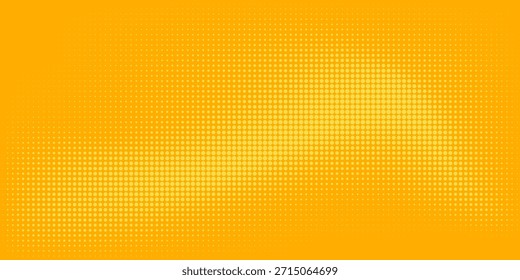 Patrón de semitono amarillo. Fondo de degradado de cómic retro. Superposición de textura punteada pixelada de color naranja brillante. Dibujos animados pop art degradado patrón. Fondo de Vector para cartel, Anuncio, anuncio