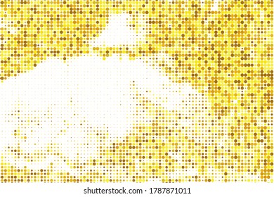 Tos de semitono amarillo. Tinta de puntos anaranjados. Ronda de degradado de oro. Fondo Grunge Dorado. Papel cómico. Patrón vectorial. Rough del Círculo Dorado. Pincel de época.