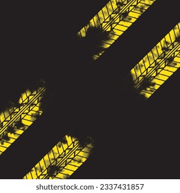 Yellow halftone tire tracks isolated on black background. Grunge transportation and off road wallpaper