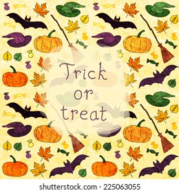 Yellow Halloween background with hand written text: trick or treat. Vector.