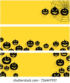 Yellow halloween banners set with black pumpkin faces. Vector illustration.