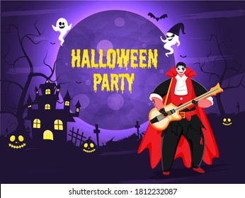 Yellow Halloween Party Text in Dripping Style with Vampire Man Playing Guitar, Cartoon Ghosts, Haunted House and Jack-O-Lanterns on Full Moon Purple Graveyard Background.