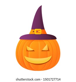 Yellow halloween pumpkin carved faces in hat.Festive vegetable design element. Realistic vector illustration.Isolated on white background.