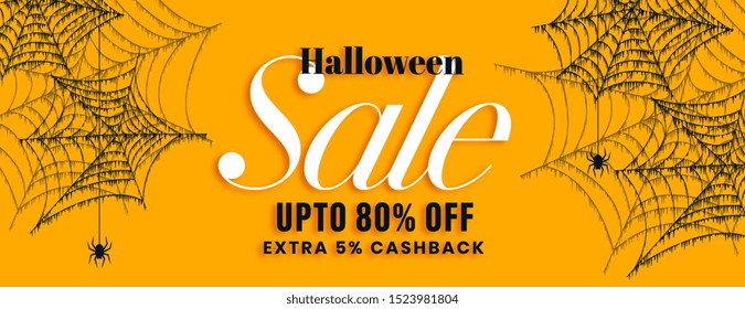 yellow halloween sale banner with spider web