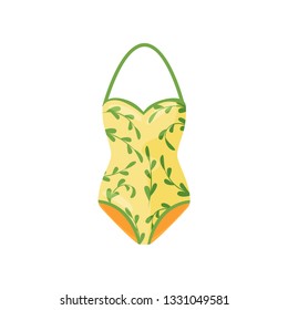 Yellow halter swimsuit with natural pattern. Women clothing. Stylish swimwear. One-piece bodysuit. Flat vector icon