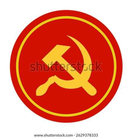A yellow hammer and sickle symbol inside a red circle with a yellow border, representing communism or socialist ideology. communism symbol isolated white background
