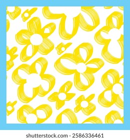 Yellow hand drawing modern retro floral  curtain vector pattern with square vector design neck scarf with a stylized flowers and frame. Vector design for a neckerchief, carpet, kerchief, bandana
