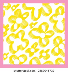 Yellow hand drawing modern retro floral  curtain vector pattern design with square vector design neck scarf with a stylized flowers and frame. Vector design for neckerchief, carpet, kerchief, bandana