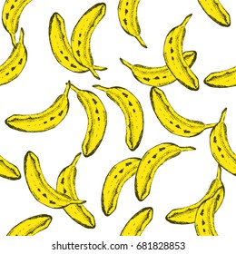 Yellow hand drawn banana seamless pattern. Vector illustration.