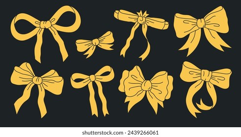 Yellow hand drawn bows. Birthday gifts ribbon decorations, silk bows for gift boxes flat vector illustration set. Colorful holidays bow decor