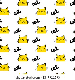 Yellow hand drawn cat with lettering seamless pattern cartoon