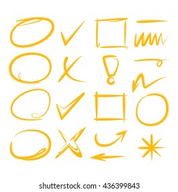 yellow hand drawn check marks, arrows, and circle markers