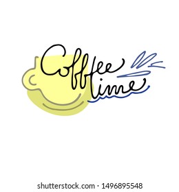 Yellow hand drawn cup and elegant inscription Coffee Time. Isolated on the white