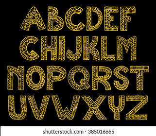 Yellow hand drawn ethnic tribal letters alphabet set in boho style