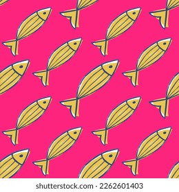 yellow hand drawn fish seamless pattern , in doodle style , stamp look , block printed seamless pattern isolated on pink background