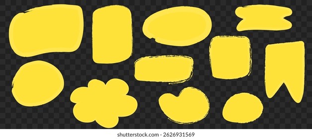 Yellow hand drawn grunge crayon.chalk speech bubbles set on transparent background. Vector hand drawn crayon text box. 