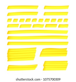 Yellow hand drawn highlighter brush graphic set. Realistic highlight scribbled rectangle with solid lines and sketchy dashed or dotted stroke hand drawing Vector illustration for business presentation